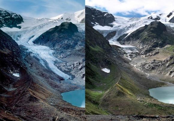 Foto a confronto del ghiacciaio Stein nel 2006 e nel 2015, riduzione evidente.
