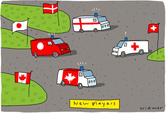 Vignetta con ambulanze e bandiere
