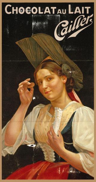 advertising painting of a lady holding a chocolate