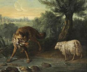 dipinto in cui è raffigurato un lupo che sta per aggredire un agnello.