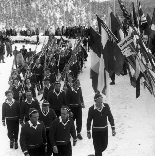 Marching in of the Swiss female and male athletes at the Winter Olympics in St. Moritz, Switzerland.