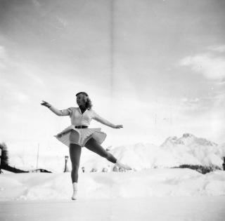 American figure skater, Gretchen Merrill, in St Moritz, Switzerland for the Winter Olympics.
