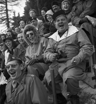 Spectators at the ice hockey final round match between Switzerland and Czechoslovakia.