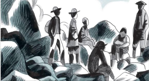 disegno di Denis Kormann, cinque persone attorno a delle rocce