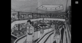 Progetto dell atrio del centro commerciale Serfontana, con arredamento e clienti (disegno matita-rendering)