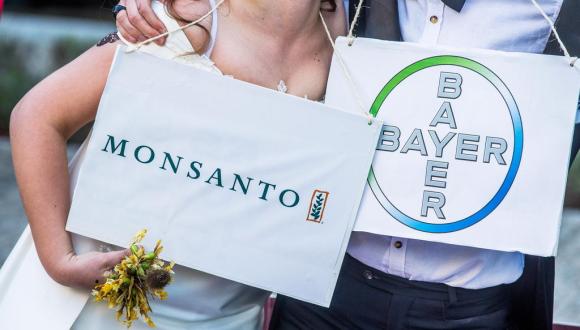 Un matrimonio tra due sposi con le buste di Bayer e Monsanto
