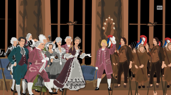(illustrazione) Gruppo di persone con abiti da nobili sulla sx, e gruppo di popolani sulla dx in un salone con finestre alte