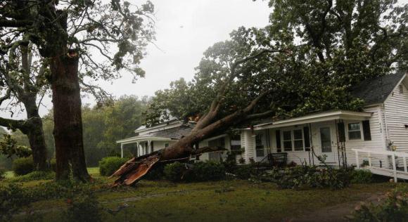Un grosso albero caduto sul tetto di una villa in North Carolina