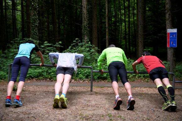 quattro persone fanno esercizi di ginnastica in un bosco.
