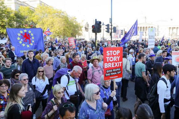 Folla con bandiere europee e slogan contro il tory brexit