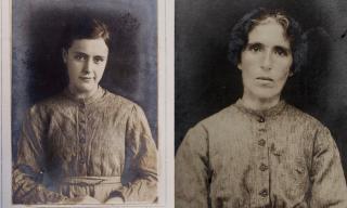 Ritratti a mezzobusto d una giovane (sx) e una donna di mezza età (dx) entrambe con capelli raccolti; indossano lo stesso abito