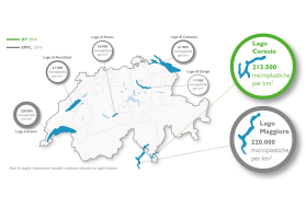 Le concentrazioni di microplastiche rilevate nei vari laghi svizzeri indicate su una cartina