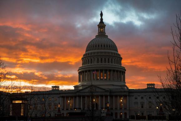 L edificio del Congresso USA, tramonto.