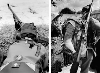 Due immagini affiancate: un tiratore prende la mira e un cacciatore trasporta un camoscio nello zaino