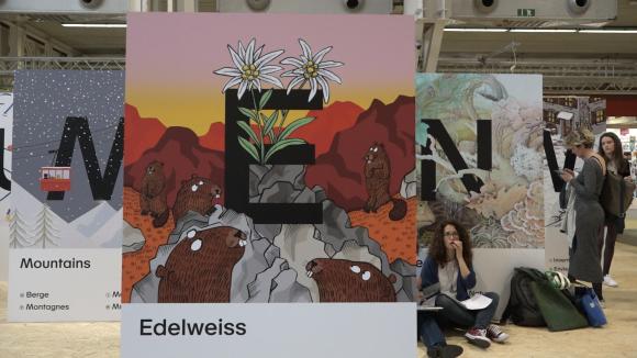 La lettera E di Edelweiss, una delle 26 lettere illustrate della mostra ABC della Svizzera
