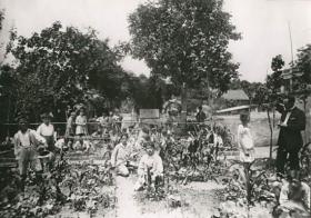 bambini in un orto, foto in bianco e nero