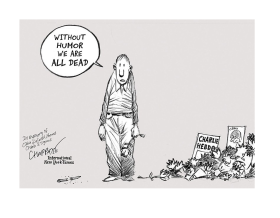 Vignetta nella quale un uomo, accanto a dei fiori in terra, dice Senza umorismo siamo tutti morti