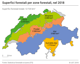In una cartina, le superfici forestali in km2 per ognuna delle quattro zone forestali del Paese