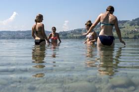 Quattro ragazze in costume da bagno immerse in acque profonde poco più di un metro in paesaggio lacustre