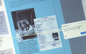 Immagine di un fascicolo con testo e foto visto sullo schermo di un computer, con finestrella di commento sovraimpressa