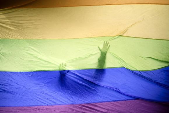Persona dietro una bandiera arcobaleno