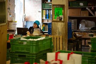 donna al computer in un locale con scatole di verdura