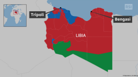 Una mappa della Libia con segnate Tripoli e Bengasi e aree divise in tre colori (blu, rosso, verde)