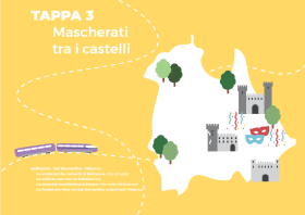 Illustrazione con pittogrammi raffiguranti un treno, alberi e castelli e la scritta Tappa 3 - Mascherati tra i castelli