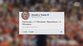 Immagine di un tweet di Trump che dice Democrats = 17 Witnesses, Republicans = 0 Witnesses)
