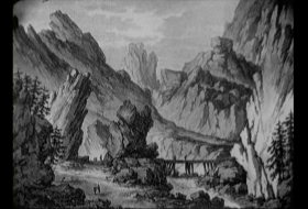 Dipinto di paesaggio montano con vette rocciose e vegetazione alpina; si intravvede una strada con carovane