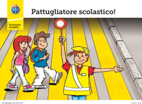Illustrazione di ragazzo con mantellina gialla che alzando una paletta stile vigile aiuta due persone ad attraversare la strada
