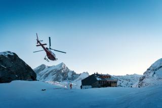 A helicopter flies to the Laemmeren hut, pictured on the Gemmi Pass above Leukerbad
