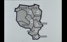 Cartina del canton Ticino, diviso per distretti, con una percentuale indicata per ogni distretto.