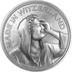 Helvetia così come raffigurata sulle monete di 1 e 2 Fr, ma che ride di gusto; scritta Made in Witzerland attorno