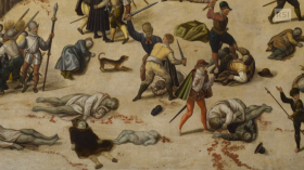 Scena dipinta di una battaglia con persone a terra, scie di sangue, armi da taglio