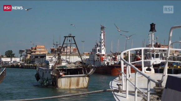 Un peschereccio entra nel porto di Fiumicino