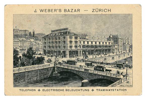 vecchia cartolina su cui si vede il primo grande magazzino di Zurigo e della Svizzera.