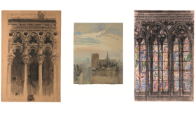 Tre disegni/dipinti della cattedrale di Notre Dame di Parigi.