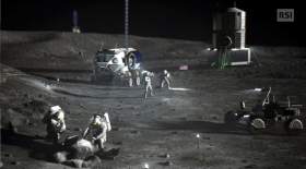 (illustrazione) superficie di carattere chiaramente lunare con veicoli d esplorazione spaziali e astronauti