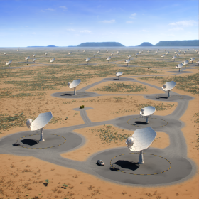 Immagine tipo render di antenne di radiotelescopio su terreno desertico