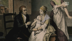 Vecchio dipinto mostra donna con bimbo in braccio e medico che si avvicina con una siringa.