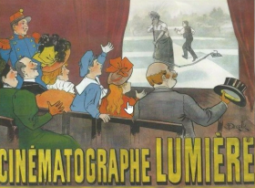 Vecchio manifesto raffigurante persone che assistono a una proiezione; scritta Cinématographe Lumière