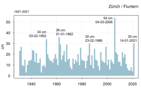 In un grafico, il maggior accumulo annuale di neve fresca in 24 ore a Zurigo dal 1931 a oggi