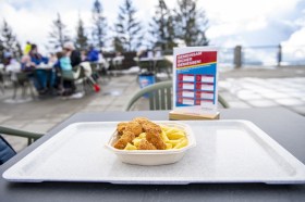 Pollo fritto e patatine in un piatto di plastica su un tavolo di una terrazza di un ristorante di alta montagna.