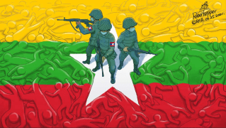 soldati in mezzo a dei cadaveri raffigurati sulla bandiera del myanmar
