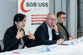 I dirigenti dell Uss in conferenza stampa a sostegno dei salari degli svizzeri