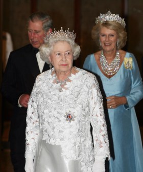 La regina Elisabetta con dietro Carlo e Camilla.