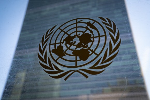 Il logo dell ONU con sullo sfondo il palao di vetro di New York.