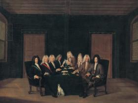 dipinto in cui sono raffigurati degli uomini seduti attorno a un tavolo
