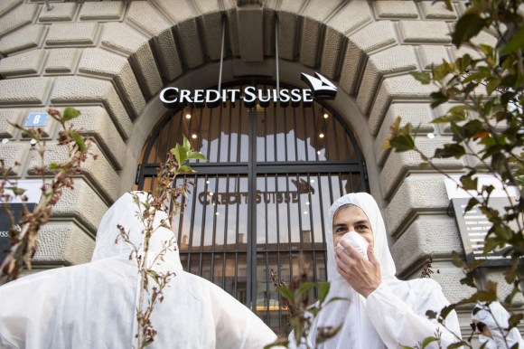 Protesters outside of Credit Suisse bank in Zurich
